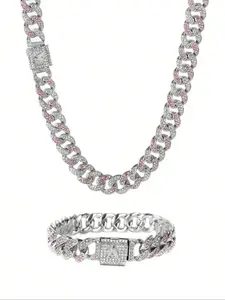ZYNE Unisex Street Style Letter Design Cuban Link Chain Bracelet & Necklace, Rhinestone Decorated Fashionable Jewelry Set, Fashion Accessories for Party, Daily Decor for Boy