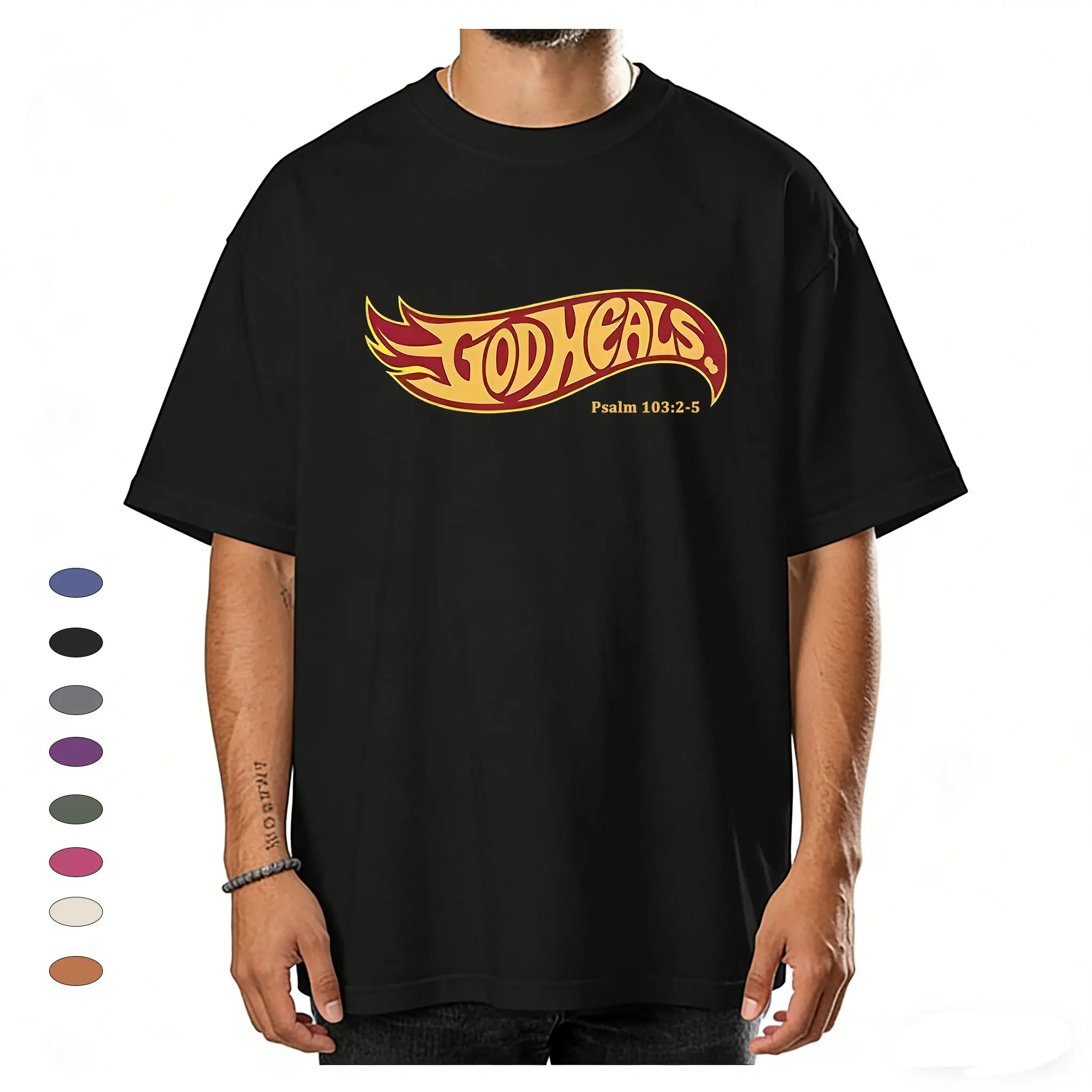 Women's Graphic T-Shirt, Oversized "God Heals" Christian Top in Soft Cotton, Stylish Casual Vibe for Loungewear or Biker Shorts