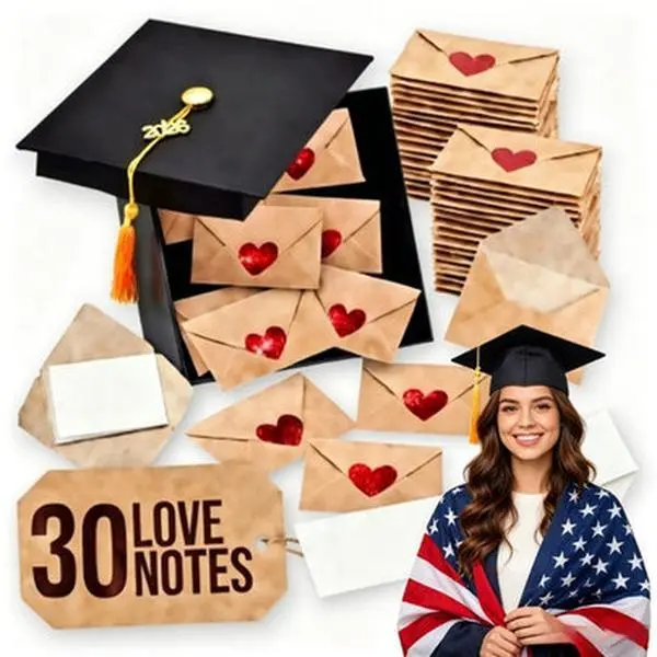 Class of 2026 Graduation Love Notes Gift Set - 30/60PCS Mini Kraft Paper Envelopes with Heart Stickers, Unisex Graduation Cap Box for Creative Expression (Festive Party Supplies)