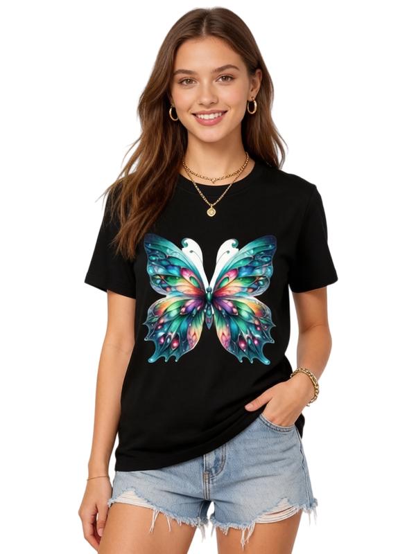 Women's Soft Cotton Crew Neck Essential Basics T-Shirt - Casual Fitted Streetwear Style Top with Iridescent Butterfly Graphical Art, Halloween-Friendly for Swimwear, Skirts Pairing