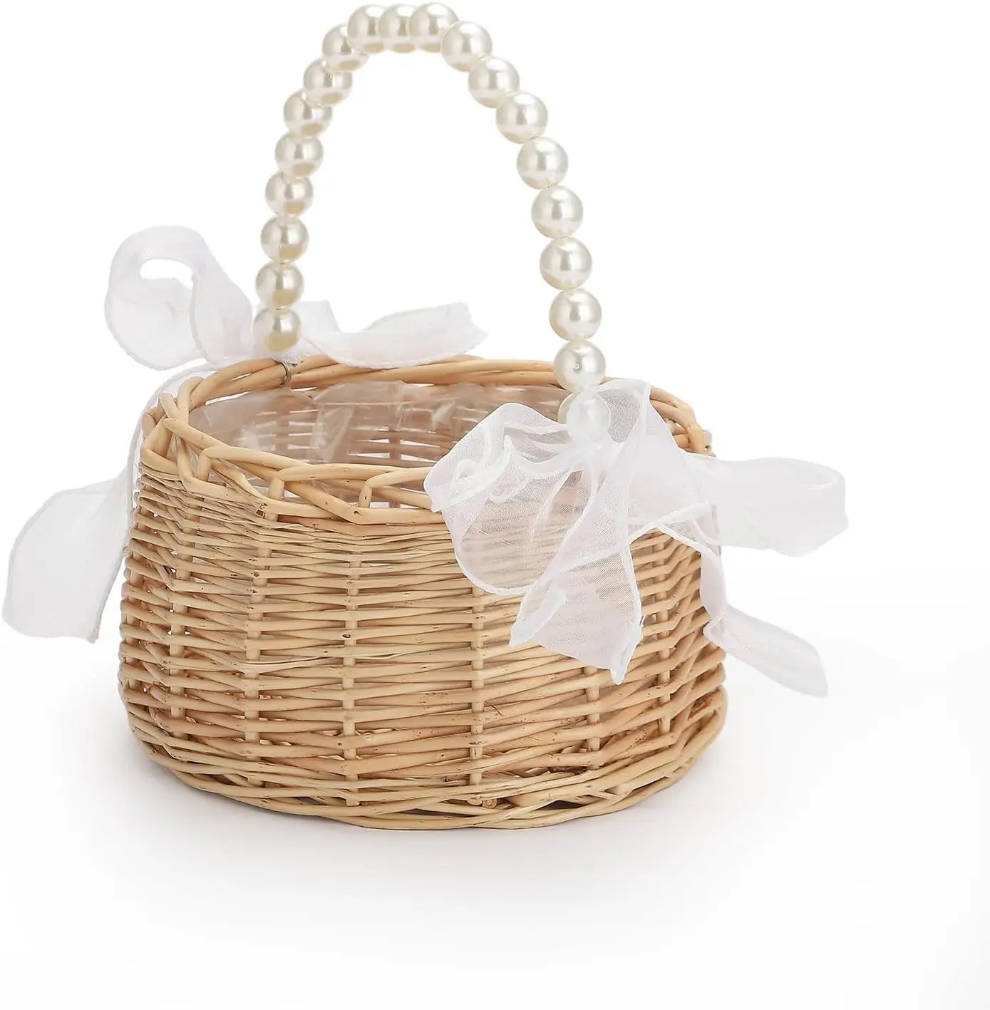 Wicker Rattan Flower Girl Basket with Pearl Handle, 6.5 * 7.8in Cute Wicker Basket Easter Basket Bowknot Flower Baskets for Wedding Home Decor