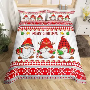 Cute Gnomes Kids Duvet Cover Set,Merry Christmas Snowflake Dreamy Bedding Set,Girls Boys Adults Room/Cabin Decor,Happy New Year Comforter Cover,Red Romantic Quilt Cover