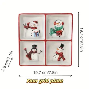 Nordic Rural Christmas Snowman Ceramic Plate with Relief Western Style Ceramic Four-compartment Plate Multifunctional Divided Plate Two-compartment Plate