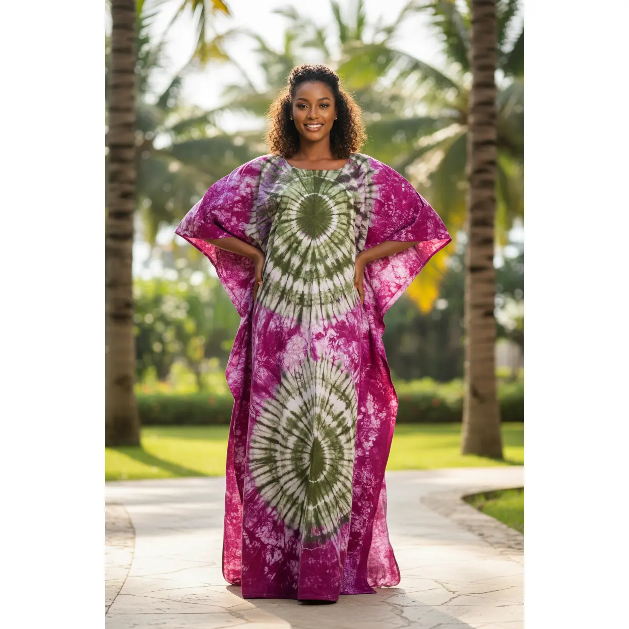 Kaftan Tie-Dye Violet Fuchsia & Vert Olive – Éclat Africain
