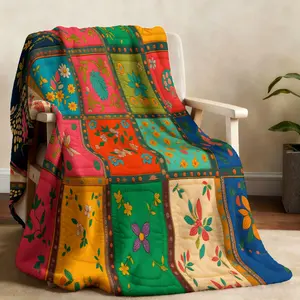 1 Bohemian patchwork blanket Color retro floral patchwork printed flannel blanket Soft and comfortable Suitable for various occasions such as sofa beds and camping Decorative Blanket