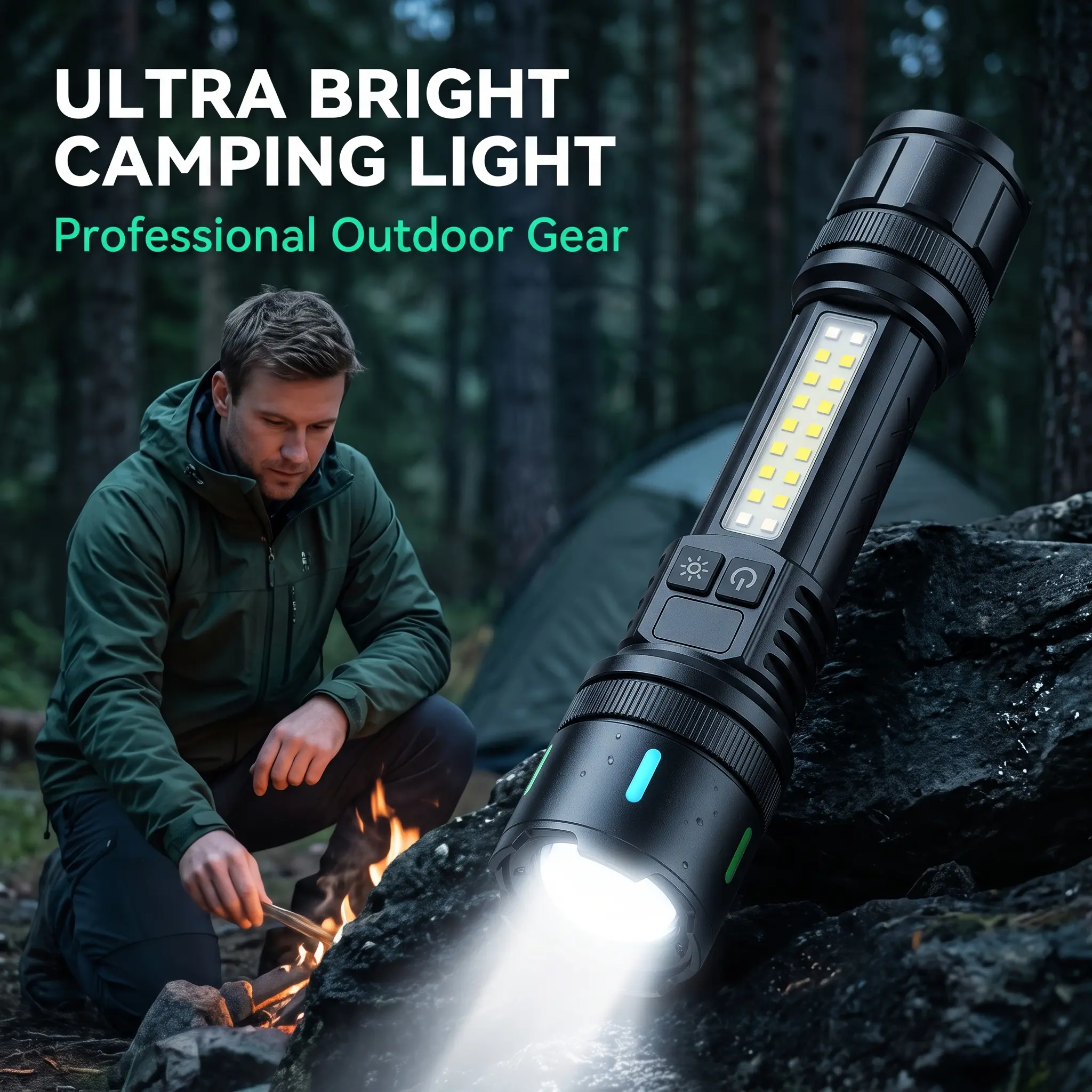 Ultra Bright LED Camping Flashlight with COB Side Light, Type-C Fast Rechargeable Zoomable Torch, IPX6 Waterproof Outdoor Handheld Light for Camping Hiking Emergency Fishing Household Use