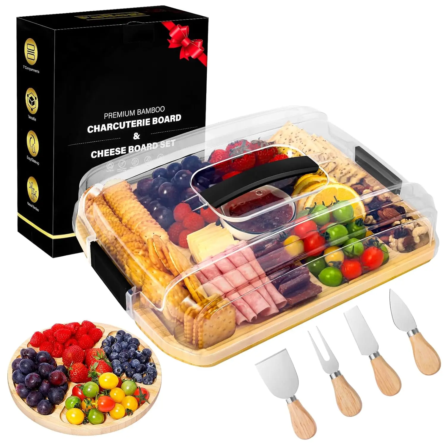 Portable Charcuterie Board with Lid for Travel, Bamboo Charcuterie Board with Cover & 7 Compartments, Double Sided Cheese Board Serving Tray Charcuterie Platter Fruit Tray Gift Set for Party Picnic