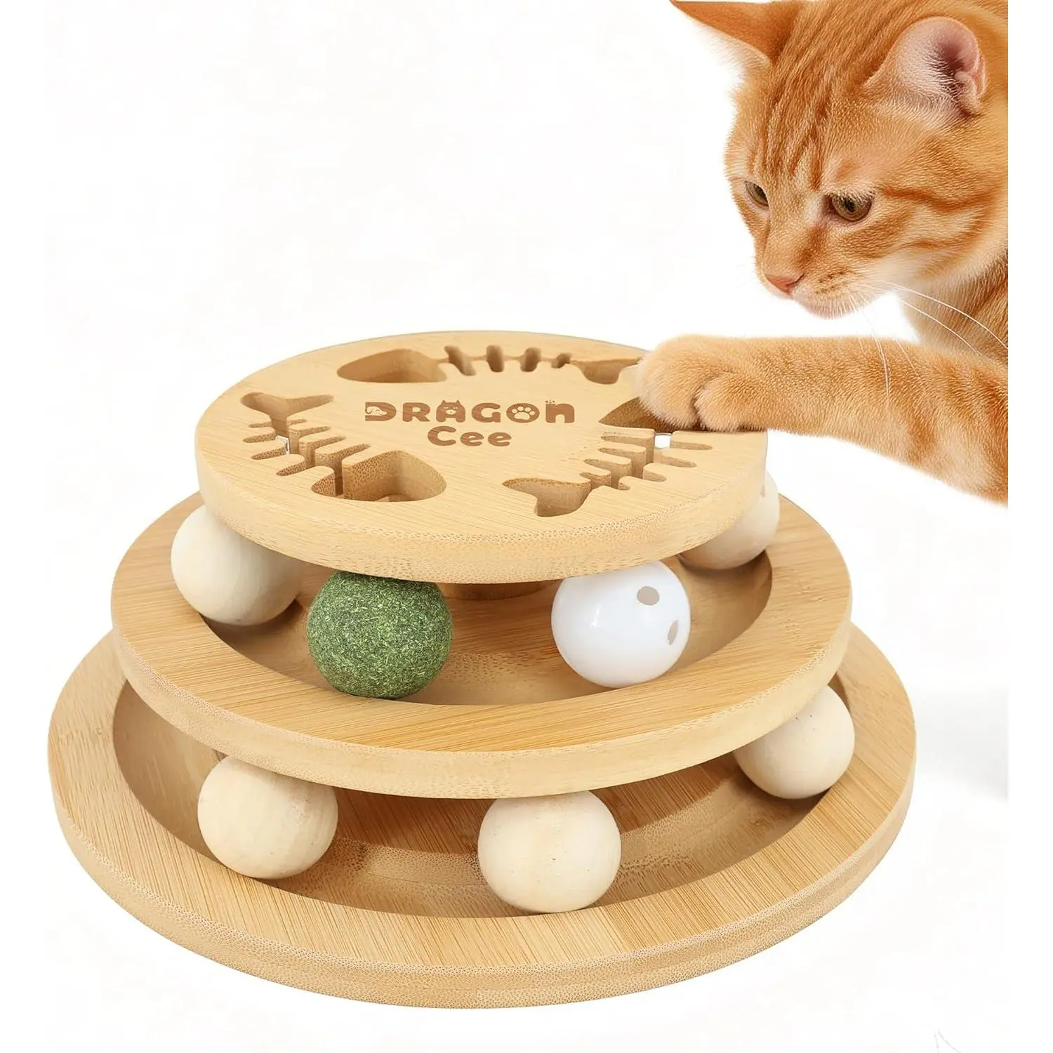 Cat Ball Track Toy with Puzzle Top, Interactive Cat Toys for Indoor Cats with Spinning Balls, Wooden Cat Ball Tower Toy for Kitten Kitty Exercise Mental Physical