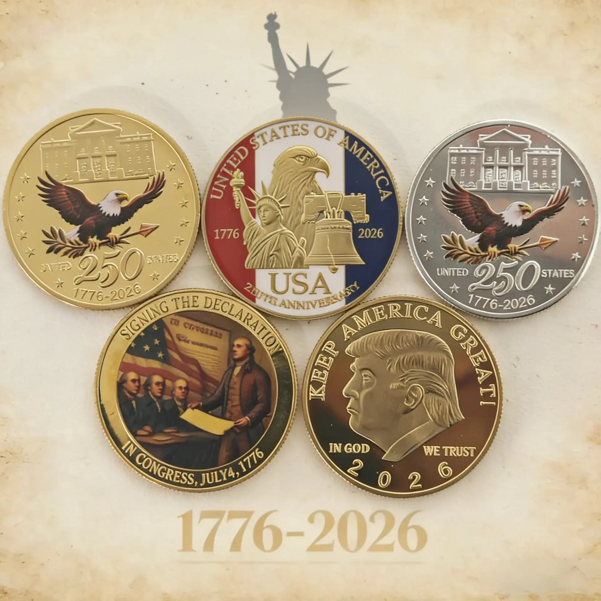 5PCS 250th US Anniversary Commemorative Coin Set - Honor 250 Years of American Independence, 1776-2026 Limited Edition Historical Collectible Gift