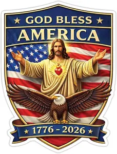 God Bless America Sticker 2 Pack, 1776–2026 250th Anniversary 4th of July Birthday Decor, Christian Patriotic Car Decal with Jesus and Eagle, Religious USA Vinyl Sticker for Car Truck Laptop