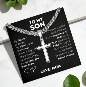 To My Son" Stainless Steel Cross Pendant Necklace – Inspirational Christian Jewelry with Card & Gift Box – Perfect Birthday, Valentine’s Day & Christmas Gift