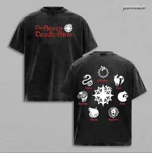 Seven Deadly Sins Team T-Shirt Classic Washed Oversized Anime Menswear Vintage Streetwear Heavy Cotton Top Gift Fan Casual Tshirt