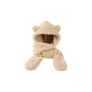 Unique 3 in 1 Bear Ear Plush Beanie Thickened Ear Protection Plush Scarf Hat Gloves Warm Earmuffs Fleece Scarves Hat Ladies