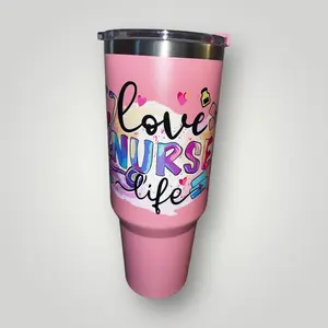 40oz Nurse Themed Tumblers with Handle and Straw Stainless Steel Thermal Bottle