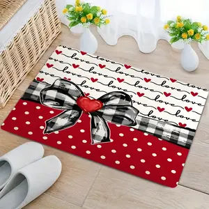 Valentine'S Day Decor Mat - Soft Flannel, Non-Slip, Washable Indoor Mat with Red Polka Dots, Black & White Plaid Bow, and Heart Design, Living Room, Hallway, Bedroom, Bathroom, Kitchen, Laundry Room, Valentine'S Day Mat | Romantic Home Decor, Non Slip Rug
