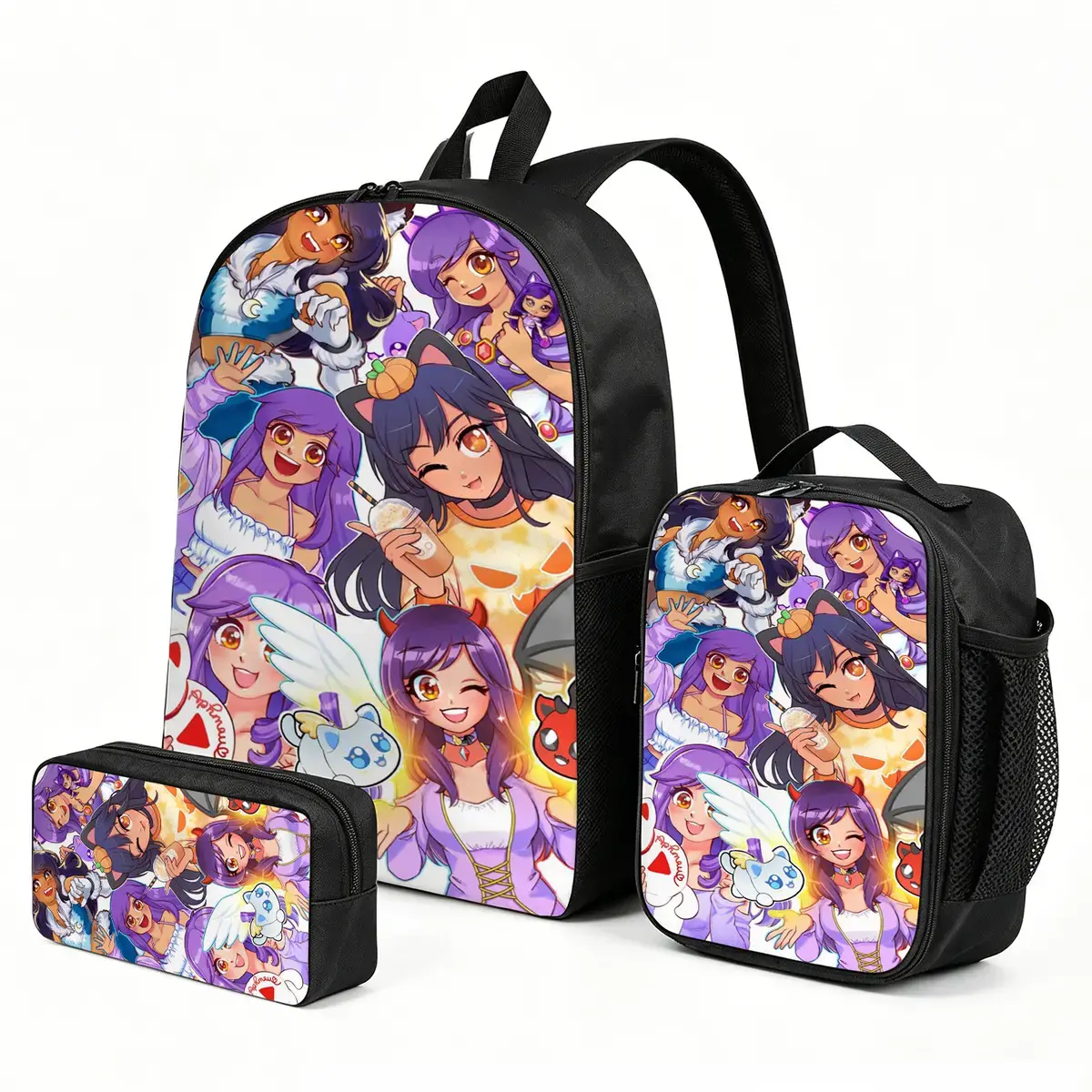 Aphmau Lightweight Elementary School Backpack with Matching Lunch Pouch, 3pcs Heavy-Capacity Kid-Friendly Print Set - 1 size, No Wheels Stationery & Travel Bags for Girls, Zipper, One Size
