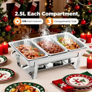 3 Compartment Chafing Dish Buffet Set Silver 410 Stainless Steel 2.5L Each Freestanding For Restaurant Hotel Party Wedding Christmas Keep Warm