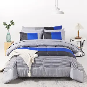 8 count Blue and Grey Stripe Comforter Set Full Size, Ultra Soft Microfiber Filling Patchwork Comforter Duvet, Bed Sheets and Pillowcases (Full,Blue Grey)