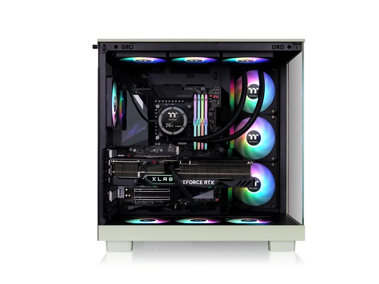 Thermaltake View 380 XL WS ARGB; Mid Tower Chassis; Side Wood Trim; 4x120mm ARGB Lite Fans Included; 360mm Radiator Support; 420mm GPU Clearance; 180mm Max PSU Length; 160mm Air Cooler Max Height; ATX/mATX/mITX; Hidden Connector Support