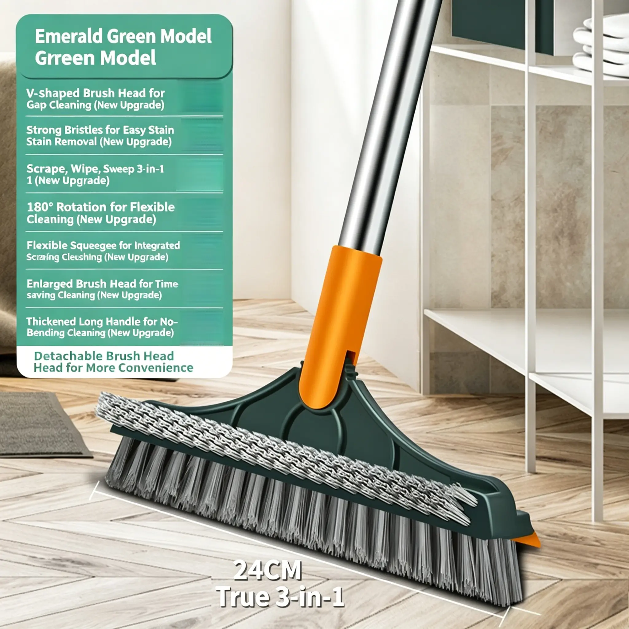 1-Pack Heavy-Duty 3-in-1 Rotatable Long Reach Handle Bathtub Floor Scrub Brush with Squeegee, Double-Sided Stiff Bristles, Durable Flexible Rubber Squeegee, Flexible Cleaning, Tub & Shower Ready Home Cleaning Essential