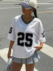 Women's Oversized V-Neck Football Jersey, Ladies Retro Graphic Mesh Patchwork T-Shirt, Loose Fit Short Sleeve Athletic Top, Trendy Number Print Sporty Shirt