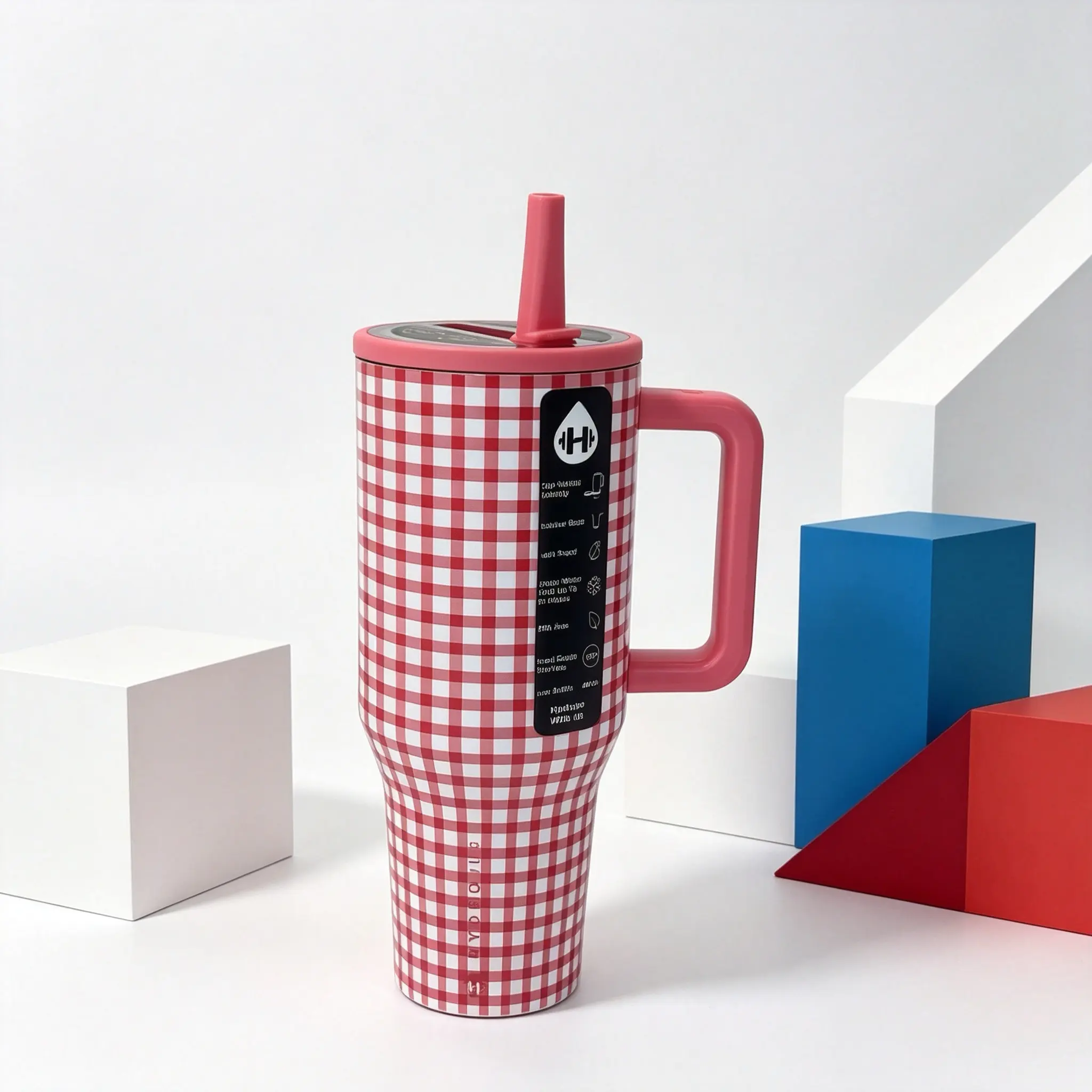 Stylish HydroJug 40oz Red Gingham Vacuum Flask - Handle, Lid, Mug Ideal for Coffee, Tea (Kitchenware Drinkware)