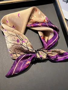 Fashionable Colorblock Plant Print Silk Scarf, Versatile Mulberry Silk Wrap, Perfect for Outdoor Travel Dating Decorations