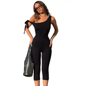 Women's 2026 Summer New One Shoulder Side Tie Asymmetrical Neck Ruched Bodycon Capri Jumpsuit Solid & Leopard Print Color Slim Fit Stretchy Dating Night Casual Rompers
