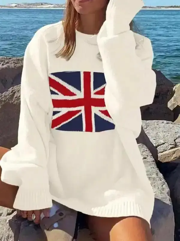 Women's Flag Print Round Neck Sweater, Casual Long Sleeve Crew Jumper for Spring & Fall, Fashion Knitwear Daily Wear, Cozy, Versatile, Comfort, Style, Outfit, Essential, Trendy, Chic, Elegant, Classy, Modern