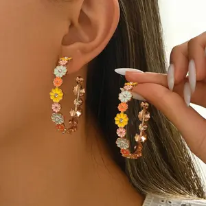 Cute Enamel Flower C-Hoop Earrings for Women Colorful Floral Drop Oil Hoop Earrings with Crystal Accents Sweet Minimalist Fashion Jewelry