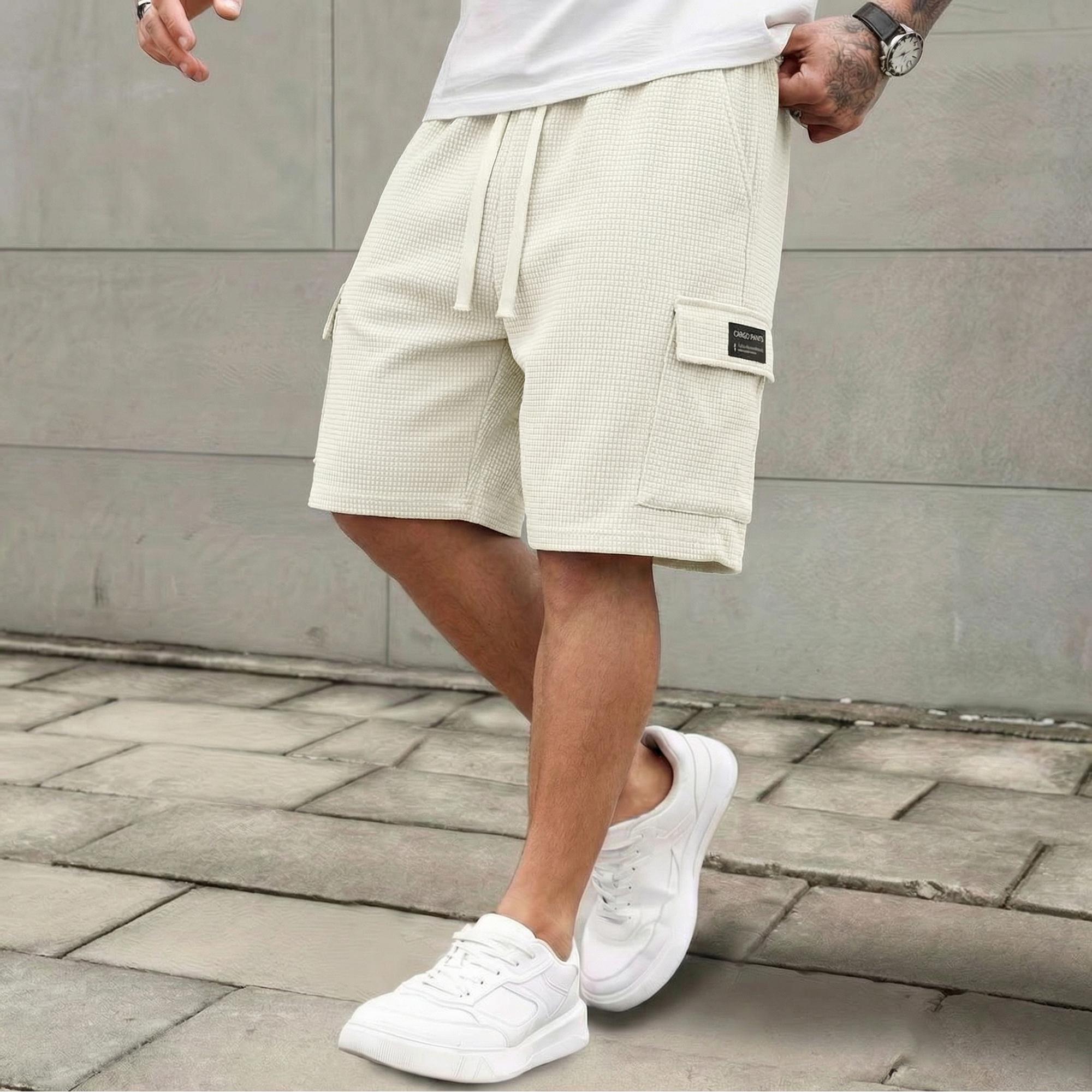 3-pack men’s waffle fabric casual cargo shorts with drawstring waist, available in multiple colors, suitable for summer streetwear outfits