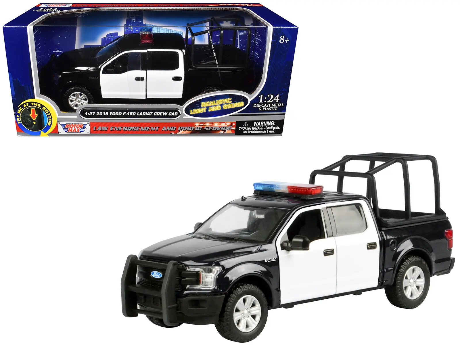 2019 Ford F-150 Lariat Crew Cab Pickup Truck Black and White with Light Bar and Sounds 1/27 Diecast Model Car by Motormax