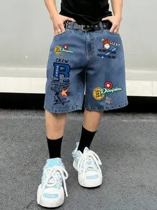 Men's Y2K Vintage Graphic Print Denim Shorts, Hip Hop Loose Fit Five-Quarter Pants, American Street Style, Summer Music Festivals & Daily Streetwear