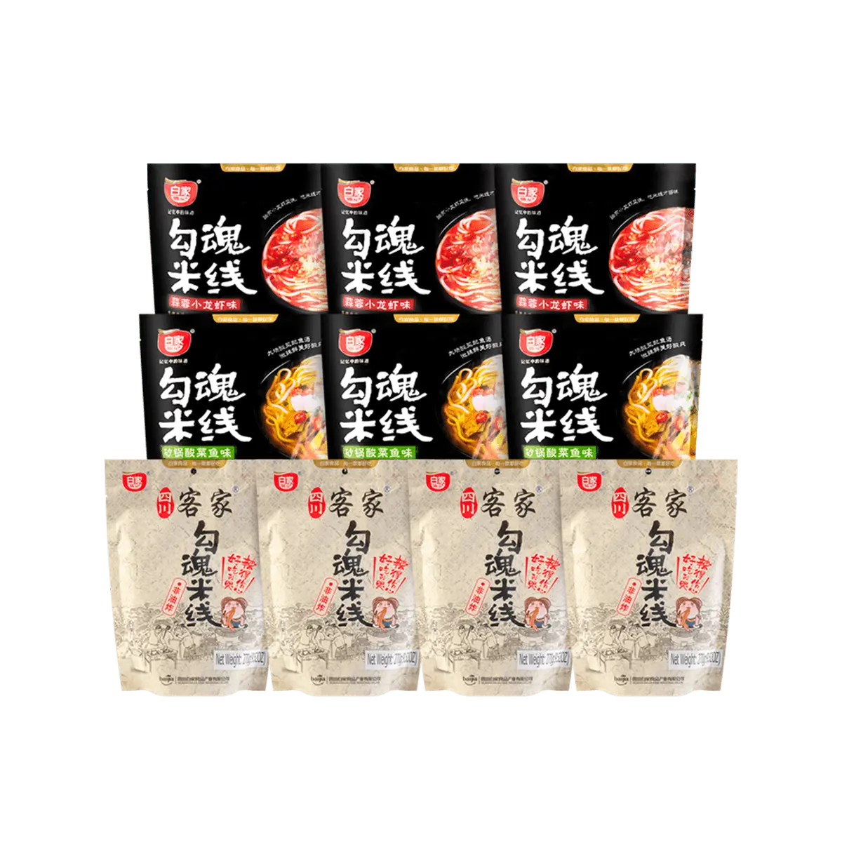 BAIJIA Chen Ji Soul Hooking Rice Noodles Variety Pack - Original, Garlic Crayfish & Sour Fish Flavors (10 Pack)