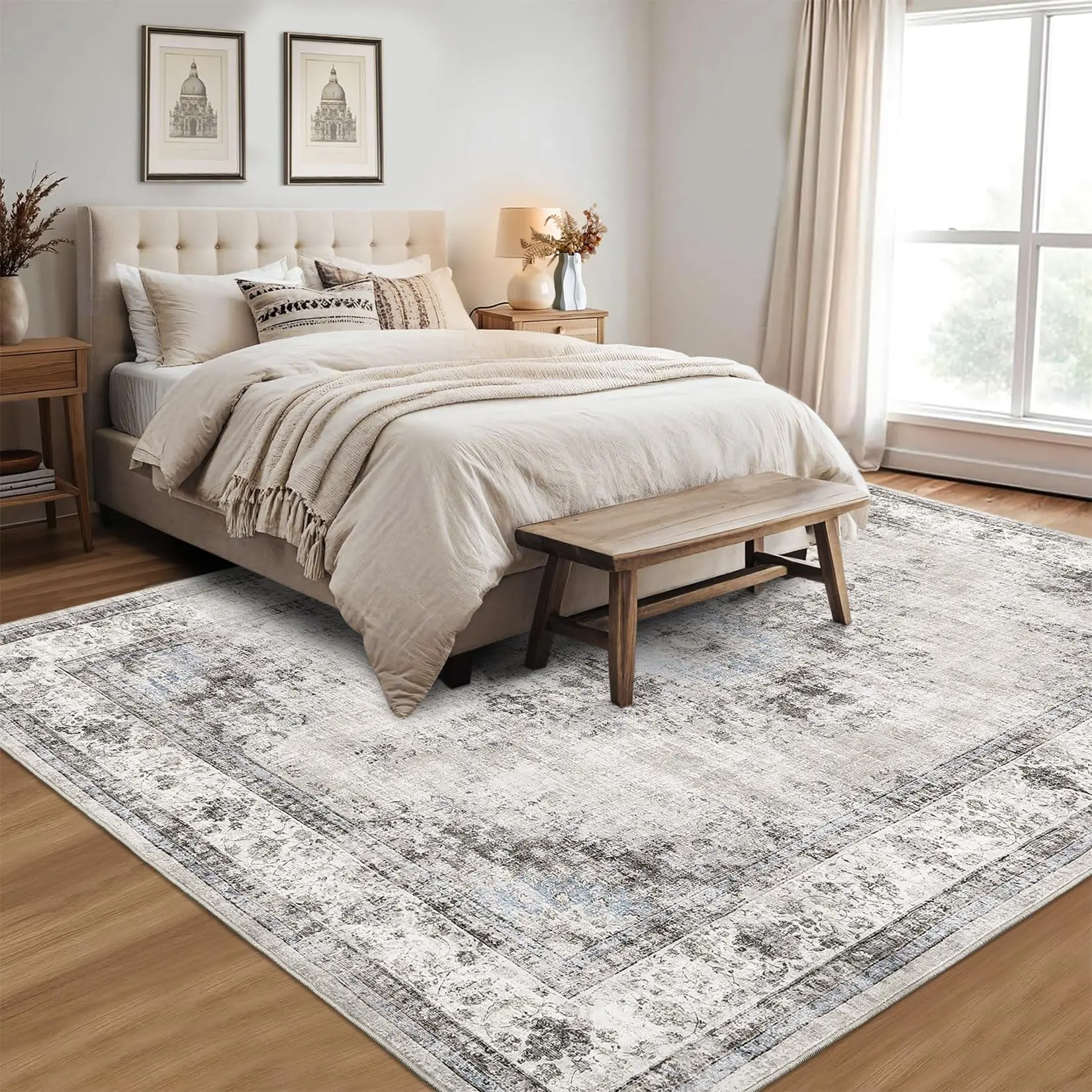 【GARVEE】5x7 Washable Vintage Area Rug in Camel - Non Slip, Non Shedding, Foldable, Low Pile, Soft Distressed Traditional Floor Carpet for Living Room, Bedroom, Home Office