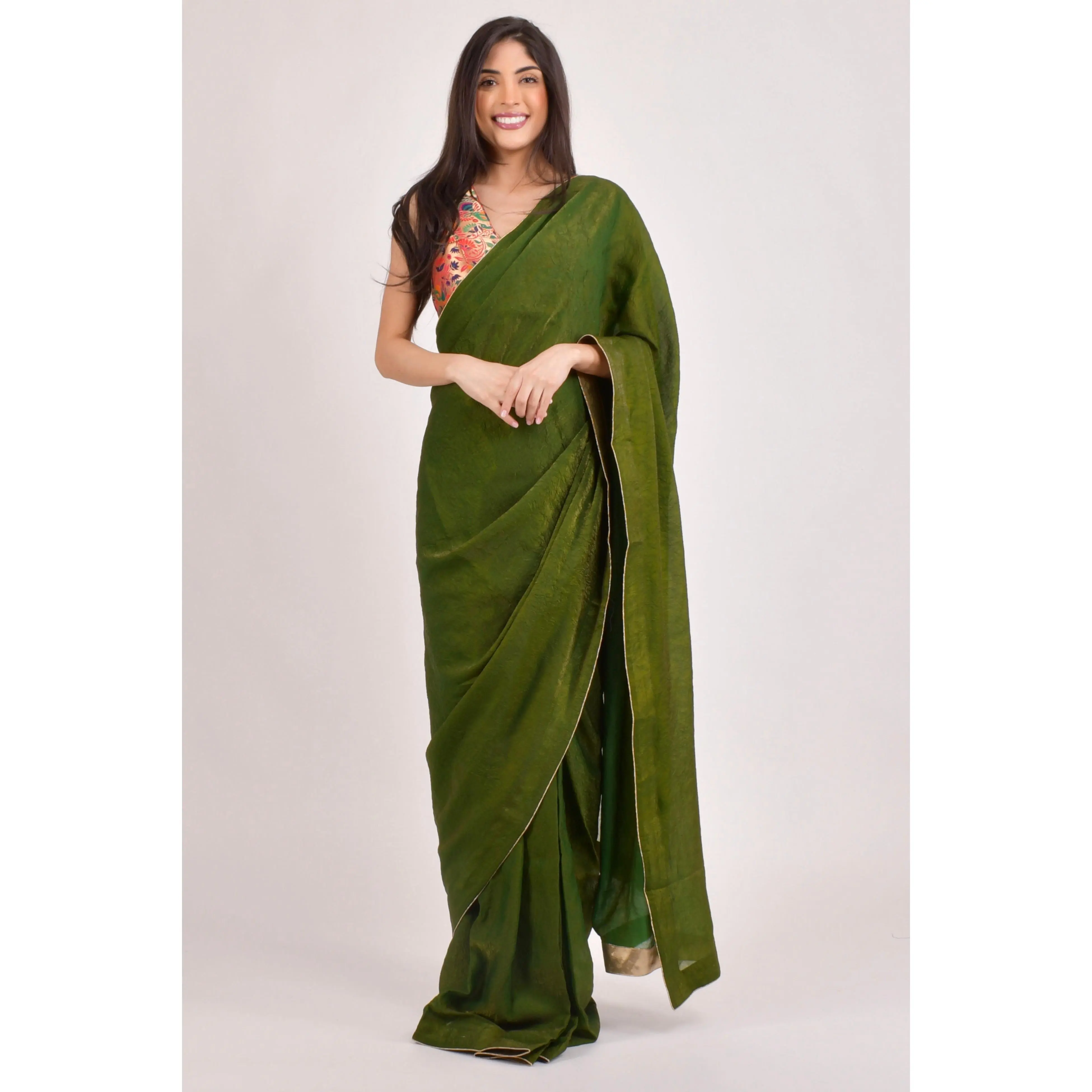 Zaya Green Pre-Pleated Saree with brocade Blouse