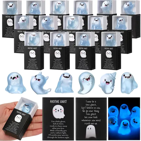 18/24/36 Sets Halloween Mini Ghost Figurines Glow in The Dark Resin Figures with Gift Boxes Positive Sayings Spooky Cute Decor Positive Gift for Kids Students Teachers Office Classroom Party Favors Trick or Treat Basket Stuffers Desk Table Decor
