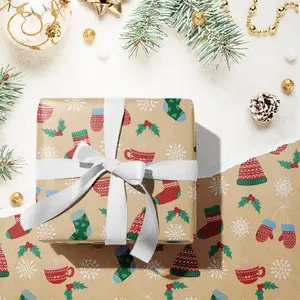 RUSPEPA Kraft Christmas Wrapping Paper Roll - Mini Roll - Christmas Hat and Sock Design for Holiday Gift Wrap - 17 Inches X 32.8 Feet