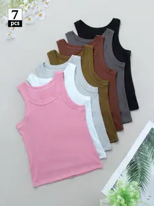 Women's 7-Piece Ribbed Back Adjustable Longline Slim-Fit Vest, Fashionable Breathable Solid Color Outerwear Sports Vest