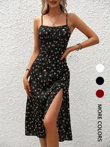Women's Ditsy Floral Print Split Thigh Spaghetti Strap Cami Dress, Boho Casual Wear Fashion Fitted Sleeveless Midi Dress for Beach Holiday Vacation, Ladies Summer Clothes，Valentine, Bohemian