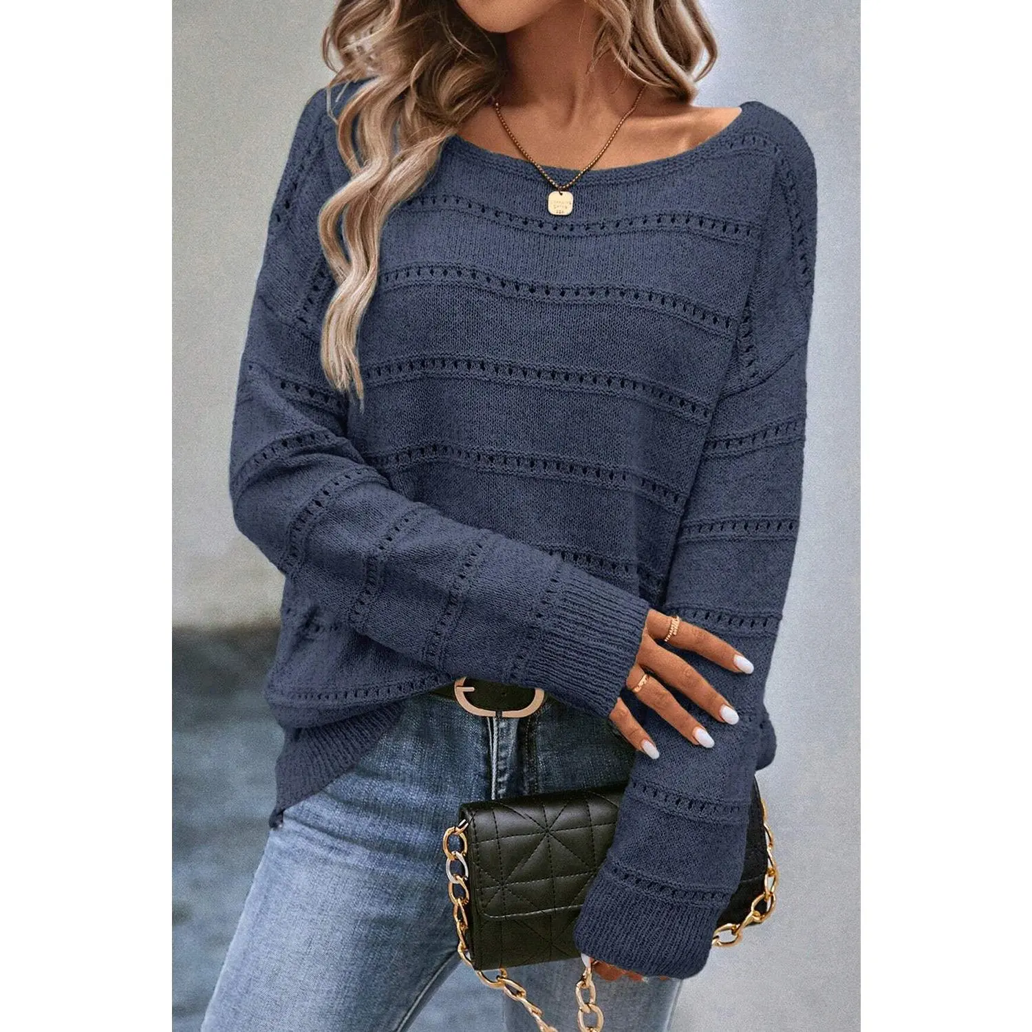 Real Teal Boat Neck Drop Shoulder Pointelle Knit Sweater