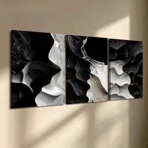 3 Pcs/Set Wooden-Framed Canvas Painting, Black & White Fluid Abstract Triptych Canvas Wall Art, Marble Texture Print for Living Room, Bedroom, Office Decoration, Modern Home Decor, Fashion Artistic Ornaments, Artwork