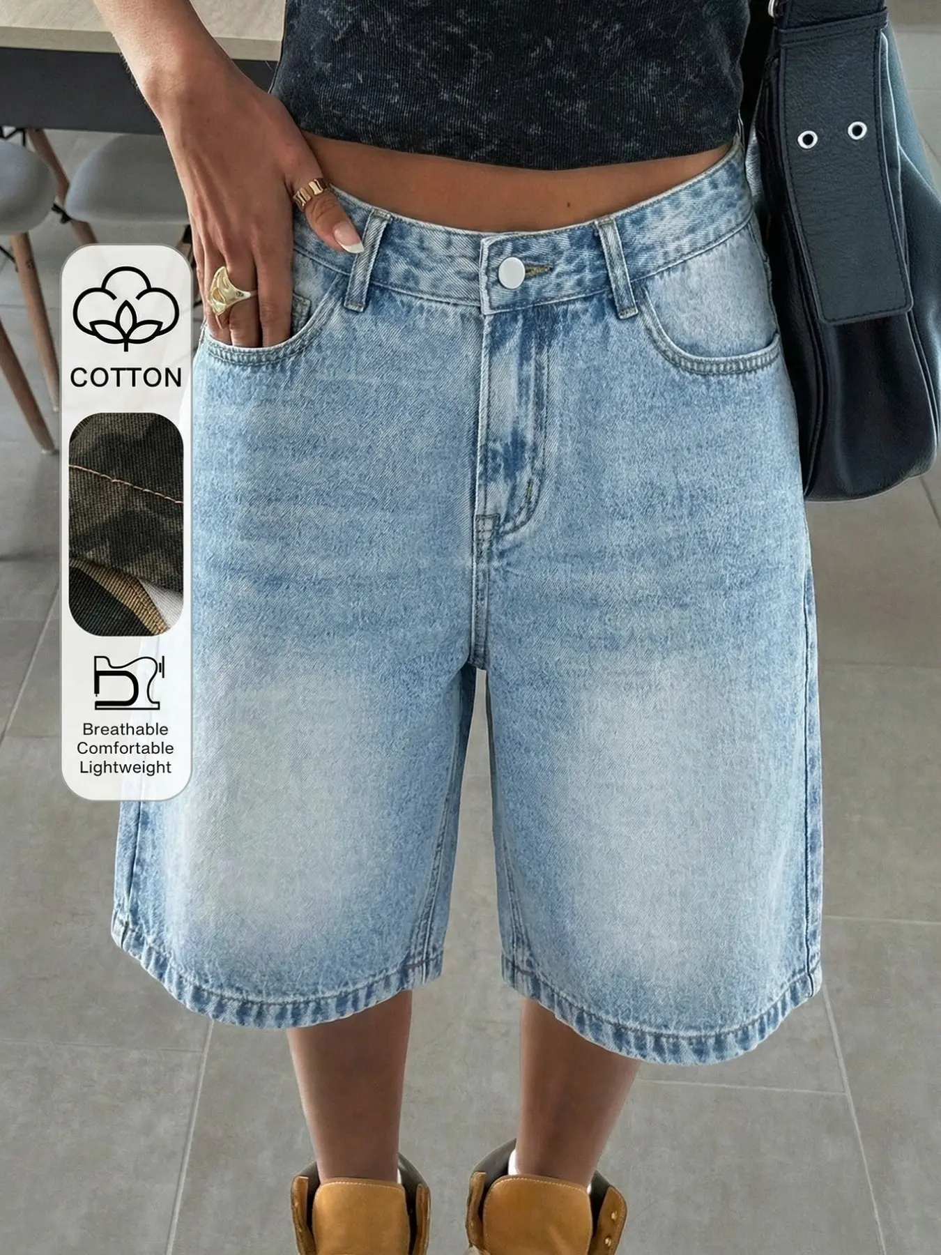 Tall Women's Low Waist Casual Basic Cuffed Denim Shorts, Womenswear Summer Jean Shorts, Breathable Lightweight Shorts, Slim-Fitting Plain Pattern, All Seasons Fashion