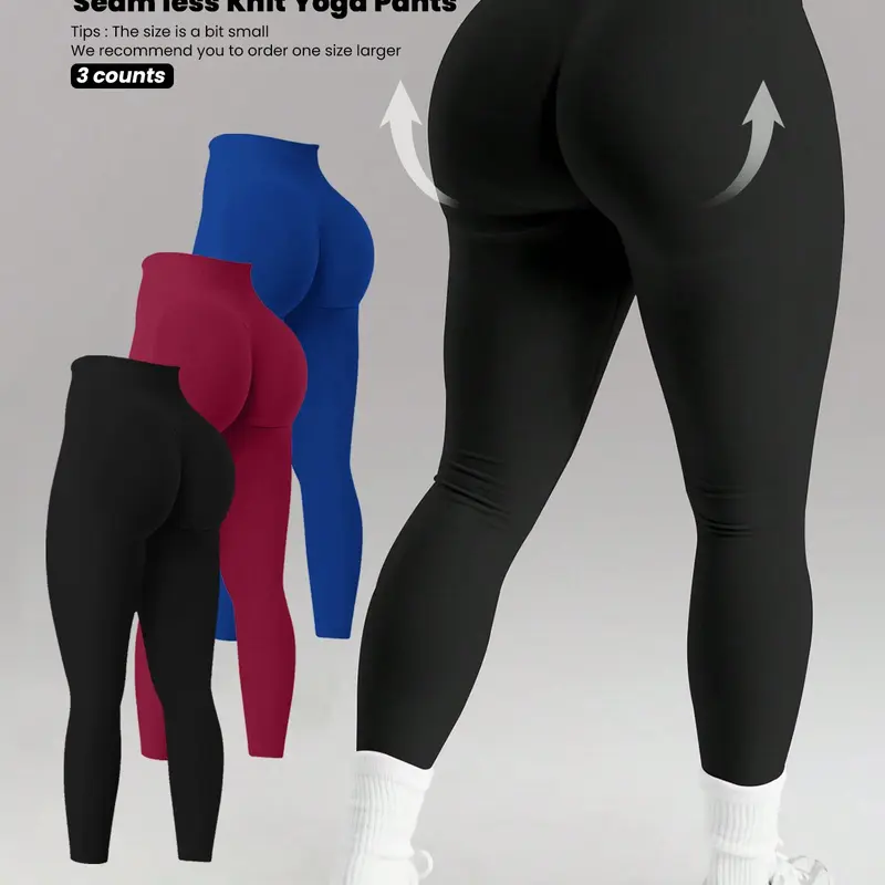 3-Pack Seamless Knitted Yoga Pants, High Waist Butt Lifting Tight Fit, High Elasticity Tummy Control Women's Sports Fitness Pants Work Out Leggings