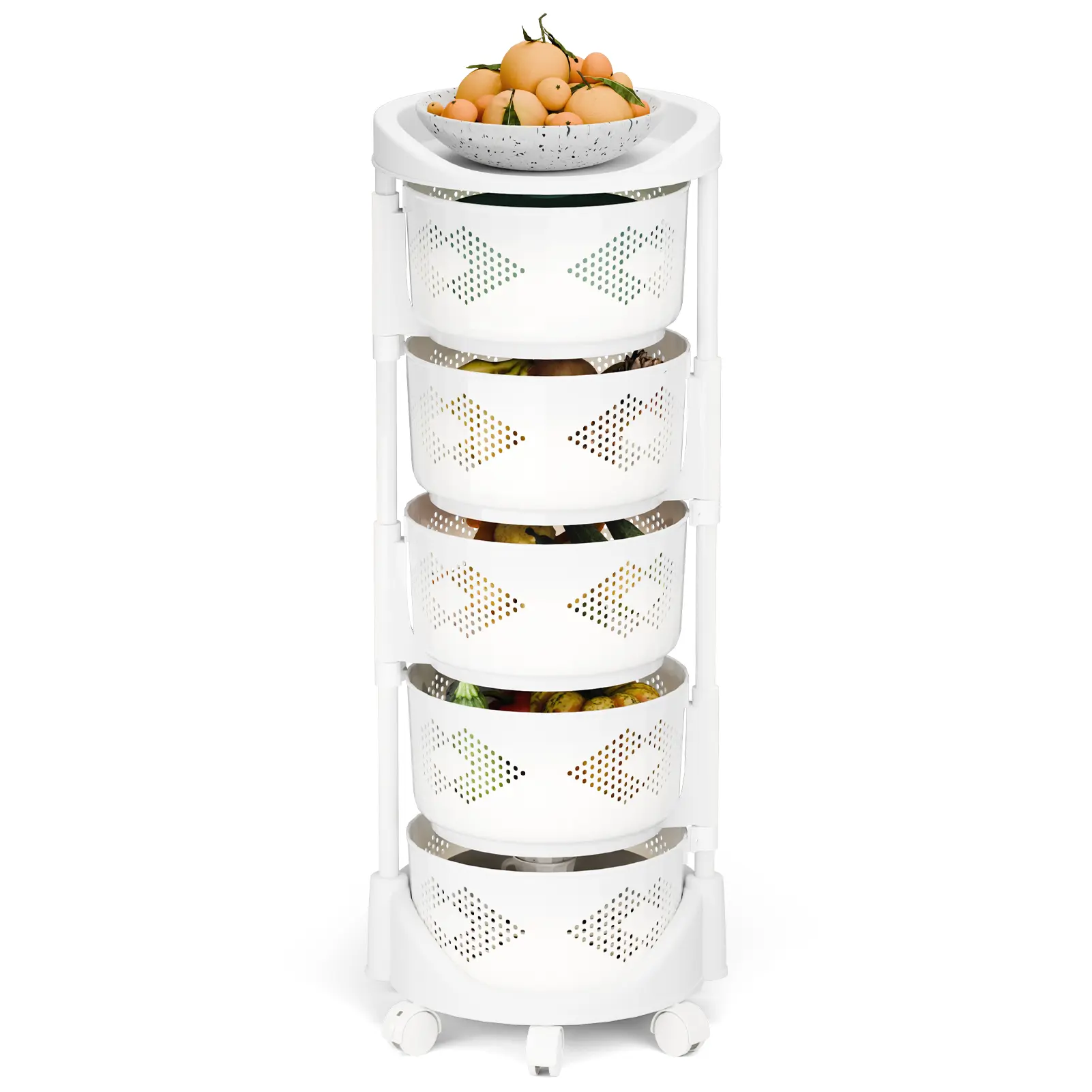5-Tier Heavy-Duty Freestanding Rotating Hollow Rack Utility Cart, Compact Flexible Multi-Level PP Basket Stand with Lockable Wheels, Storage Holder for Fruit & Vegetable Lovers’ Kitchen Potatoes, Onions, Compact Storage Utility Carts
