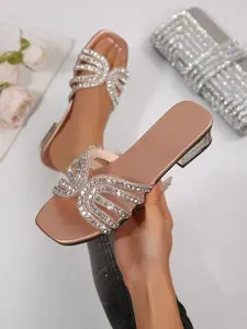Summer New Square Toe Open-Toe Glass Rhinestone Slip-On 3cm Heel High-Heeled Fashionable Glitter Sandals, Perfect for Shopping and Vacation