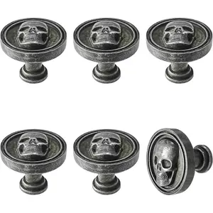 6PCS Vintage Skull Skeleton Cabinet Knobs - Single Hole Zinc Alloy Drawer Pulls for Kitchen, Wardrobes, Bookcases, Dresser, Closets (Ancient Tin)