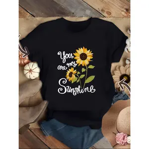 Plus Size Women's "You Are My Sunshine" Sunflower Graphic T-Shirt - 100%, Breathable & Slimming Design, Casual Crew Neck Tee for Spring/Summer/Fall, Seasonal Fashion Top| Sunflower Print Tee| Glossy Texture Shirt, Sunflower Clothes