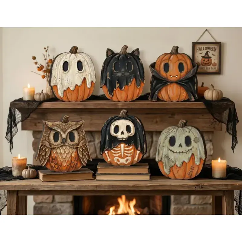Vintage Halloween Decor Indoor, Fall Decor, Retro Wooden Block for Shelf Decor, Ghost, Black Cat, Pumpkin, Skeleton Witch Owl Zombie Vampire
