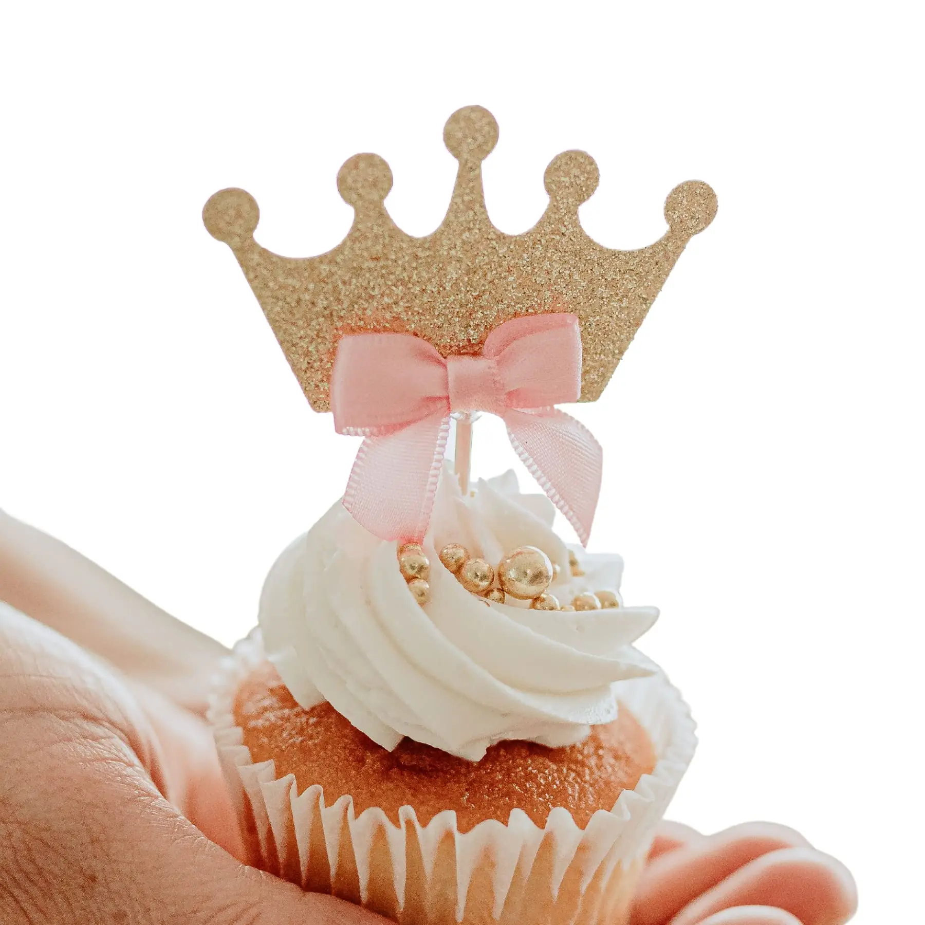 Princess Crown Gold Glitter Cupcake Toppers with Pink Bows - Perfect for Princess Birthday Party Decorations and Baby Showers - Set of 12